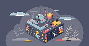 Tech innovation journey and digital systems development tiny person concept