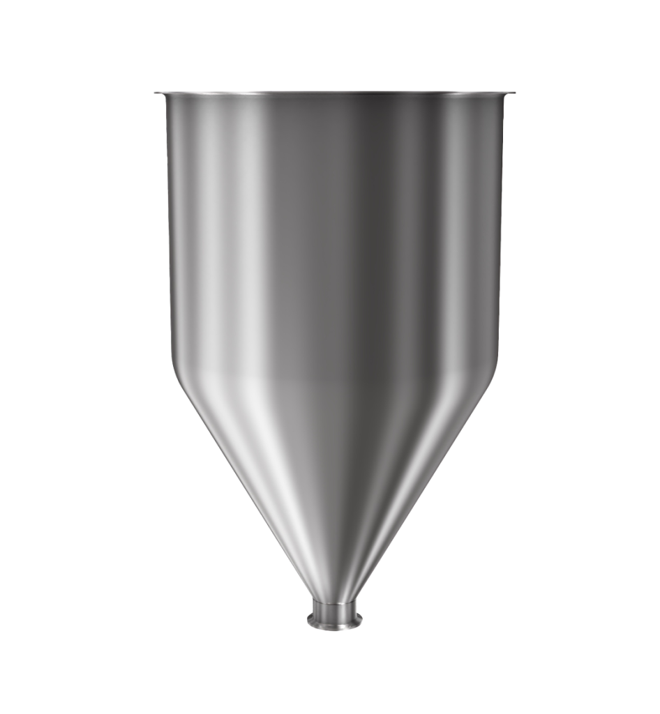 304 Stainless Steel funnel with 2" sanitary fitting 10.5 gallons, 14.03" ID x 23.45" OAH