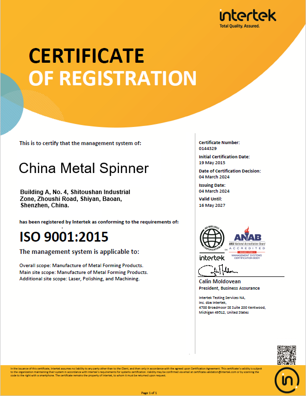 China Metal Spinner
 ISO Certification