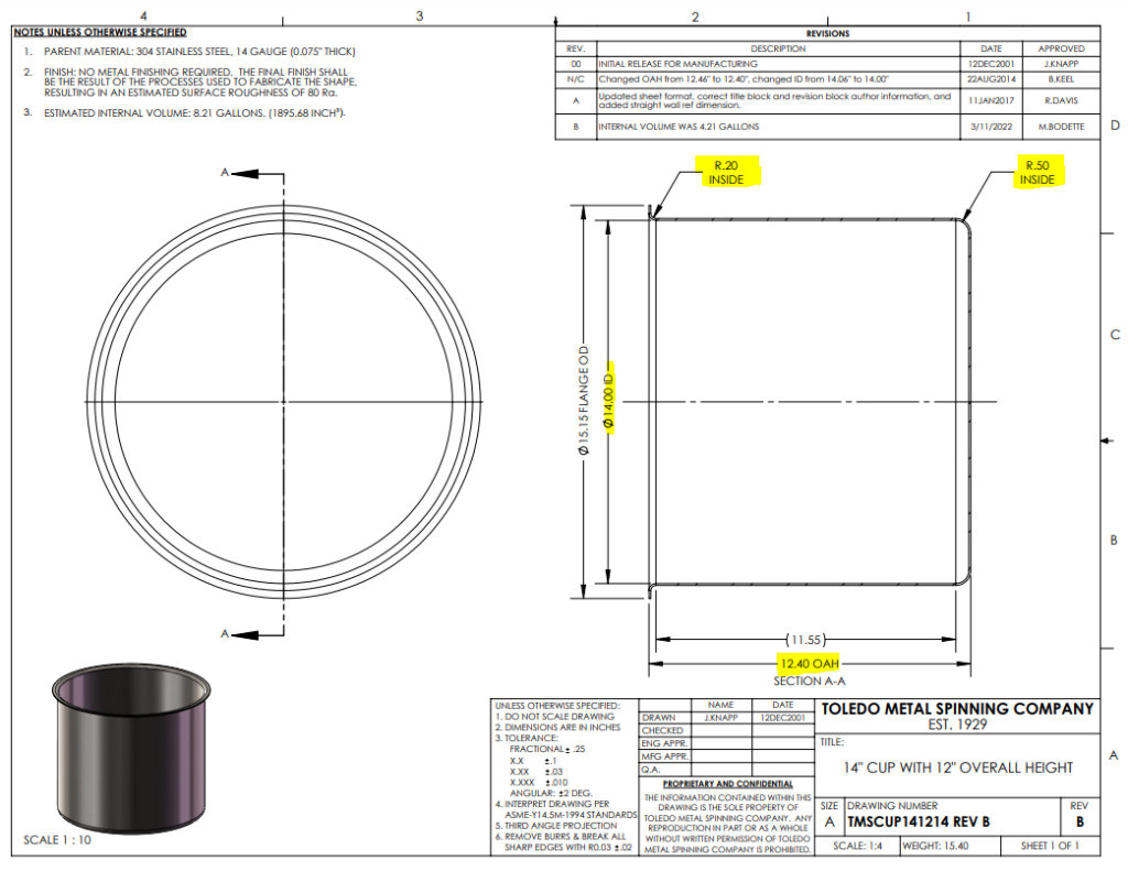 Drawing for 12" stainless steel cup